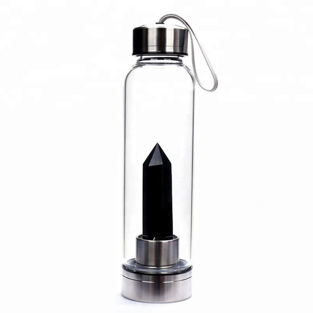 Natural Quartz Gemstone Glass Water Bottle - black Find Epic Store