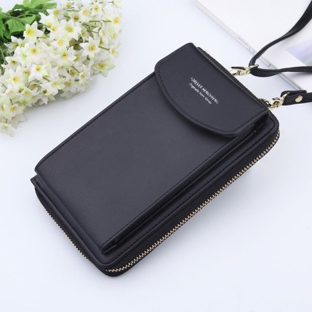 2020 Women Wallet Solid Color Leather Shoulder Straps Shoulder Bag Mobile Phone Big Card Holders Wallet Handbag Pockets girls - Black Find Epic Store