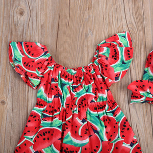 Newborn Baby Girls Watermelon Print Clothes Ruffles Sleeve Bodysuit +Headband - Find Epic Store