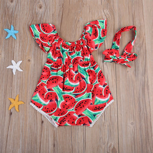 Newborn Baby Girls Watermelon Print Clothes Ruffles Sleeve Bodysuit +Headband - Find Epic Store