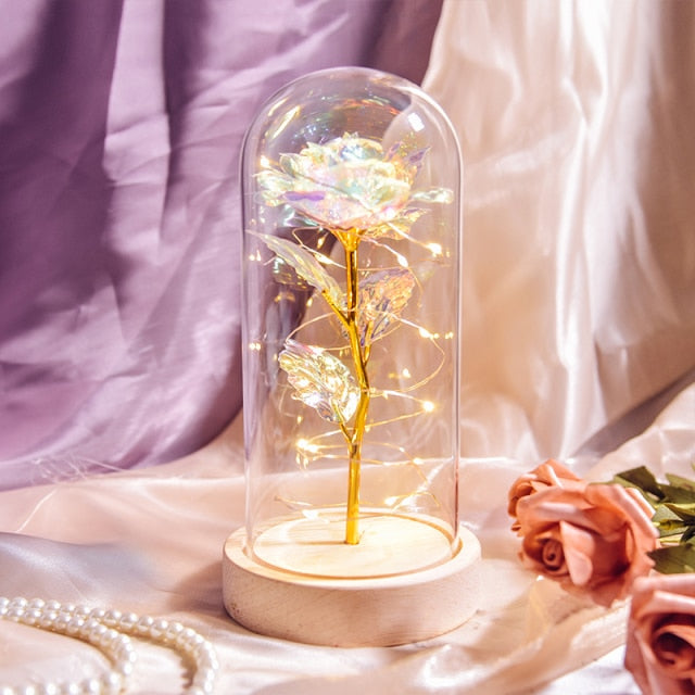 Beauty and The Beast Preserved Roses In Glass Galaxy Rose Flower LED Light Artificial Flowers Christmas Valentine Gift for Girls - White Base-Galaxy Find Epic Store