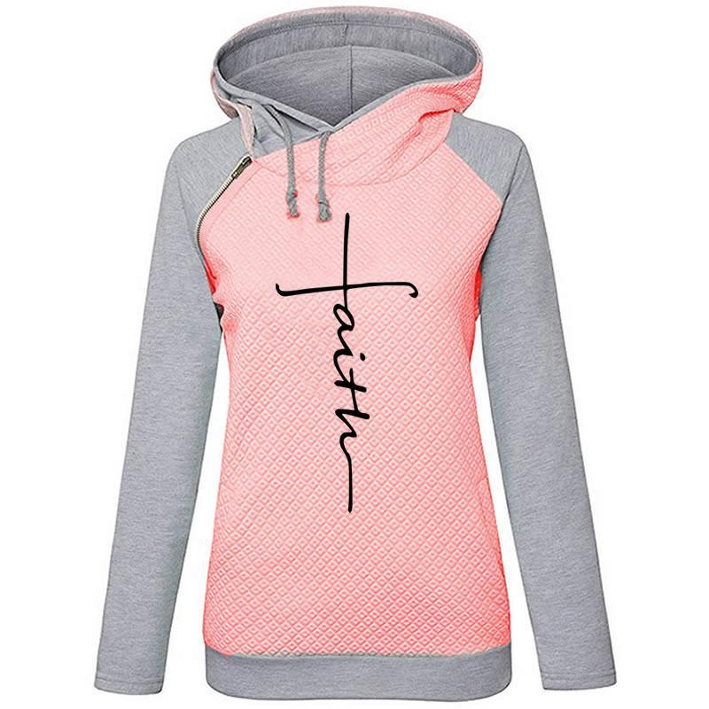 Autumn Winter Patchwork Hoodies Sweatshirts Women Faith Cross Embroidered Long Sleeve Sweatshirts Female Warm Pullover Tops - Pink / L Find Epic Store