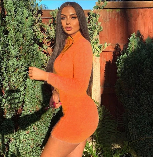 Imcute Women Turtleneck Knitted Bodycon Long Sleeve Mini Dress - Orange / S / United States Find Epic Store