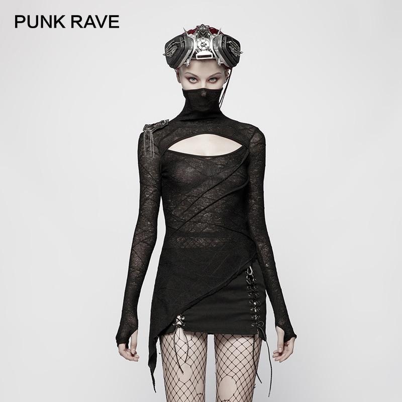 PUNK RAVE New Black Slim Punk Women Knitted T-Shirt Fashion Dark Handsome Mask Styling Tees Hollow Design Chest Gothic Tops - Find Epic Store