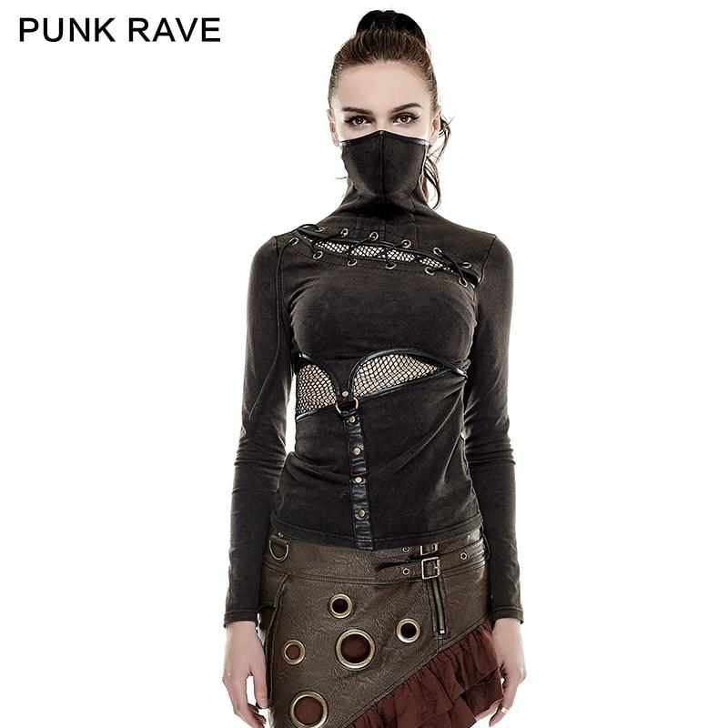 PUNK RAVE Steampunk High Collar Mask Woman T-shirts Stretch Knit Stitching Elastic Mesh Fabric Black Tops Punk Rock Tees Gothic - Find Epic Store