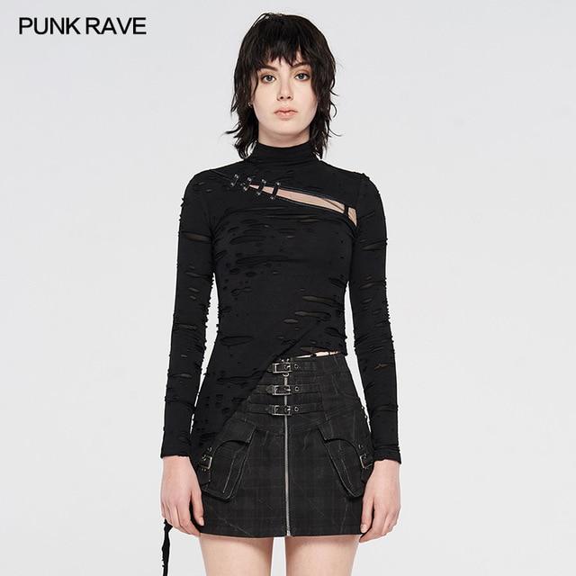 PUNK RAVE Steampunk High Collar Mask Woman T-shirts Stretch Knit Stitching Elastic Mesh Fabric Black Tops Punk Rock Tees Gothic - BK WT-625DQF / XL-2XL Find Epic Store