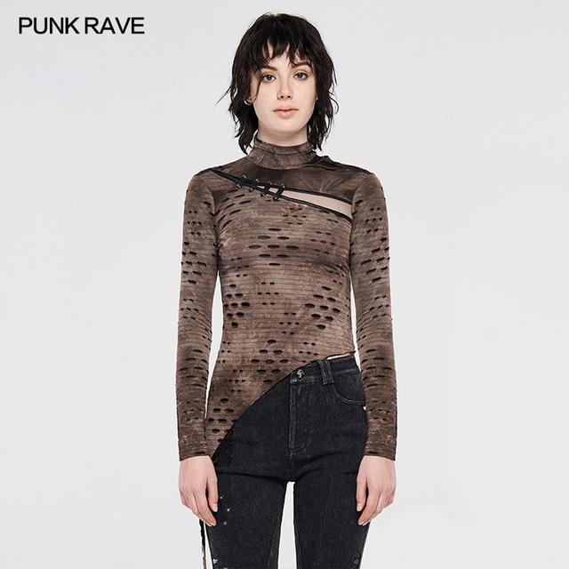 PUNK RAVE Steampunk High Collar Mask Woman T-shirts Stretch Knit Stitching Elastic Mesh Fabric Black Tops Punk Rock Tees Gothic - CO WT-625TCF / XL-2XL Find Epic Store