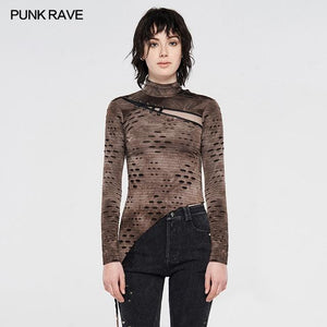 PUNK RAVE Steampunk High Collar Mask Woman T-shirts Stretch Knit Stitching Elastic Mesh Fabric Black Tops Punk Rock Tees Gothic - CO WT-625TCF / XL-2XL Find Epic Store
