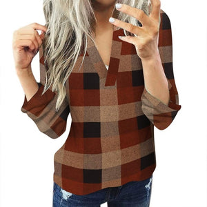 Women Casual Cotton Long Sleeve Plaid Shirt - Coffee / S / United States Find Epic Store