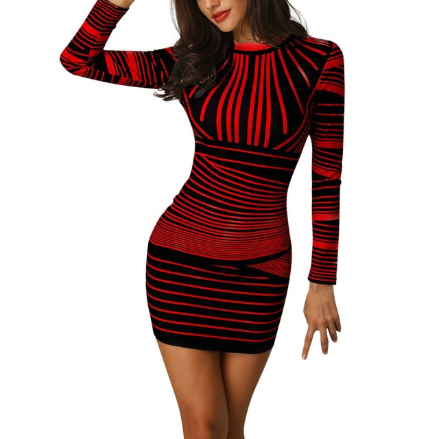 Women Long Sleeves Striped Printed Mini Dress - Red / S / United States Find Epic Store