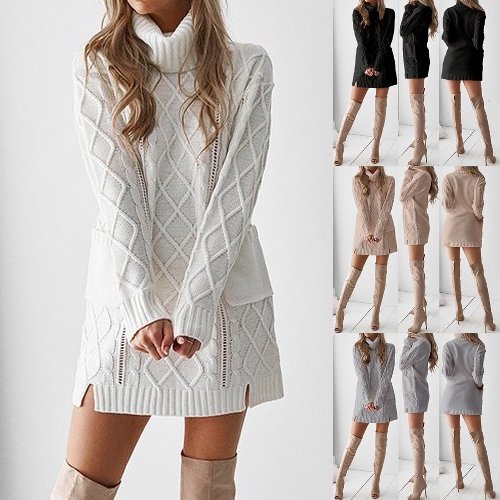Turtleneck Warm Long Sleeve Pocket Sexy Mini Dress - Find Epic Store