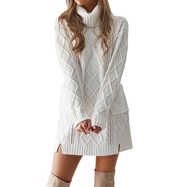 Turtleneck Warm Long Sleeve Pocket Sexy Mini Dress - XL / United States / White Find Epic Store