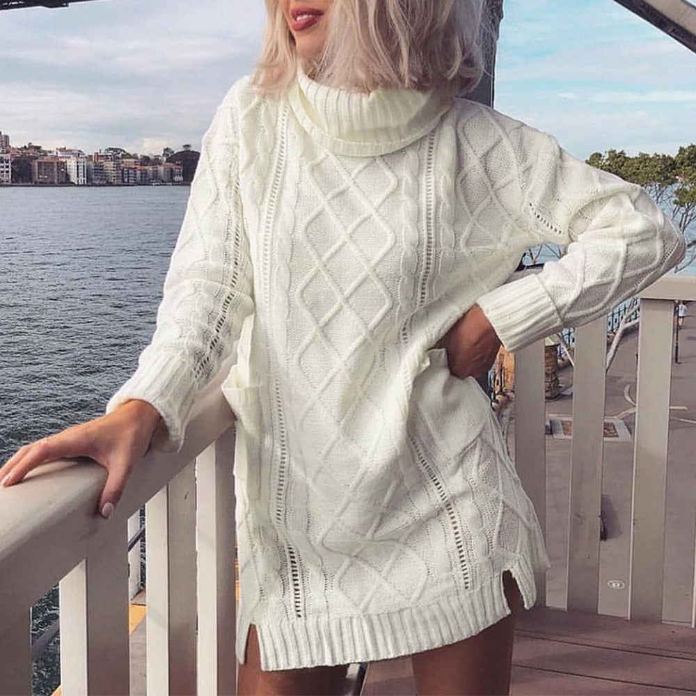 Turtleneck Warm Long Sleeve Pocket Sexy Mini Dress - Find Epic Store