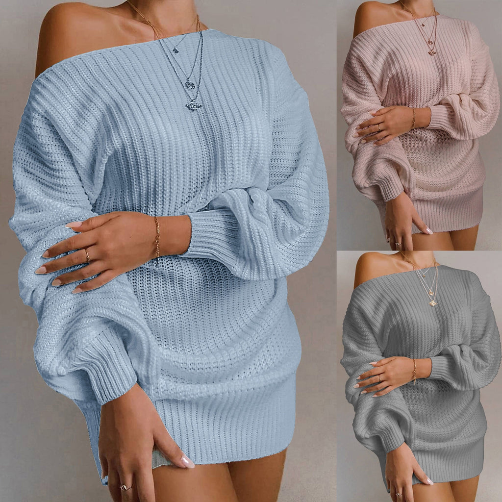 Solid Lantern Long Sleeve Off Shoulder Dress - Find Epic Store