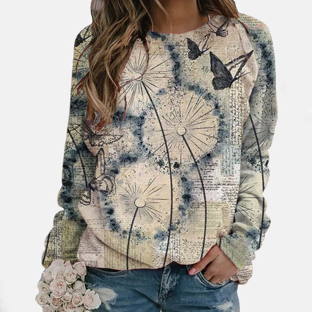 Women Fashion O-neck Flower Butterfly T-shirt - Beige / XXL / United States Find Epic Store