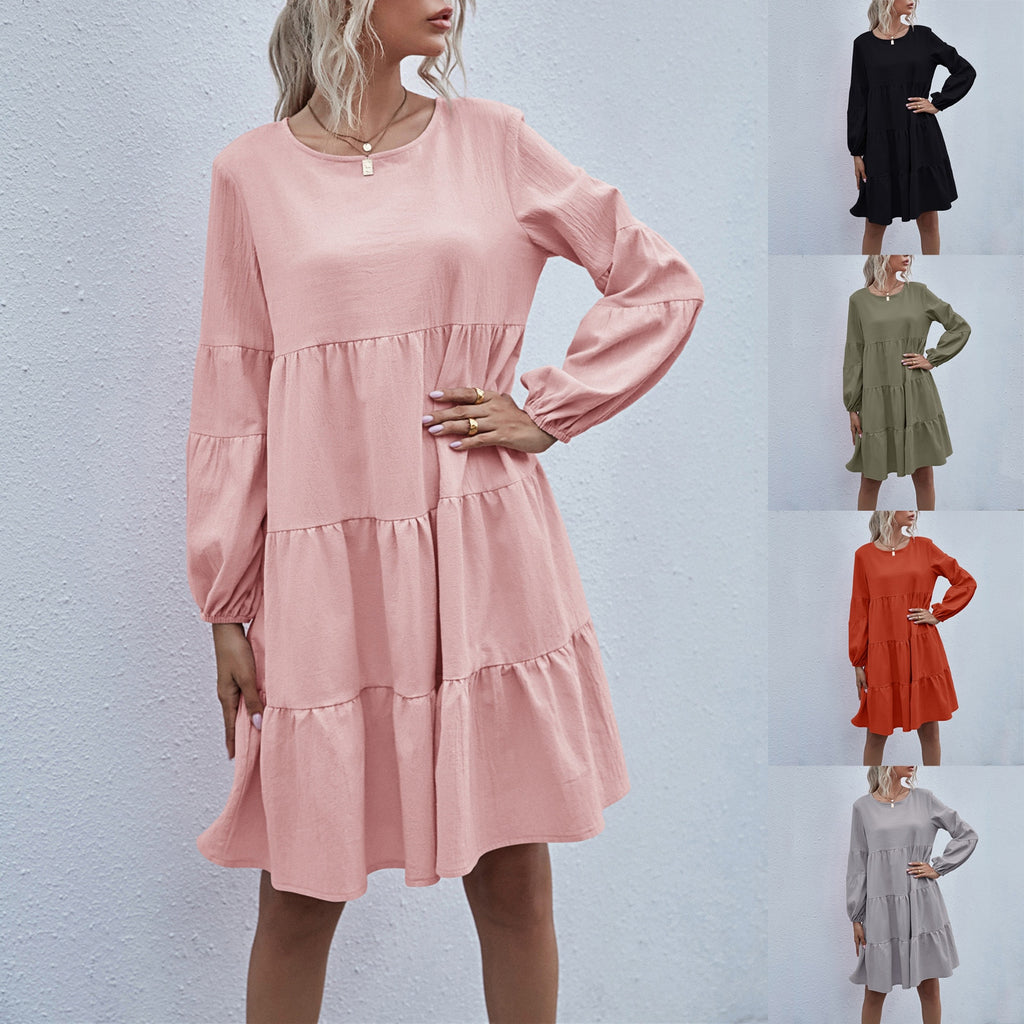 Solid Color Round Neck Lantern Long Sleeve Dress - Find Epic Store