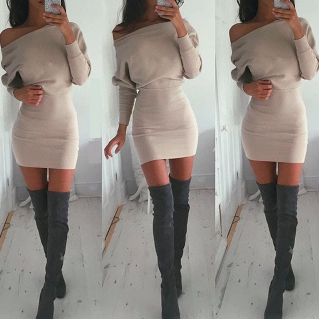 One word collar Sweatshirt Long Sleeve Mini Dress - Find Epic Store