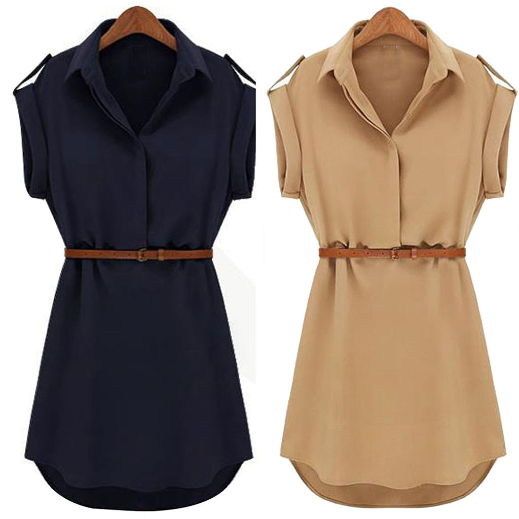 Ladies Short Sleeve Loose Dress With Belt - Find Epic Store