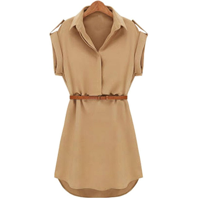 Ladies Short Sleeve Loose Dress With Belt - Khaki / L / United States Find Epic Store
