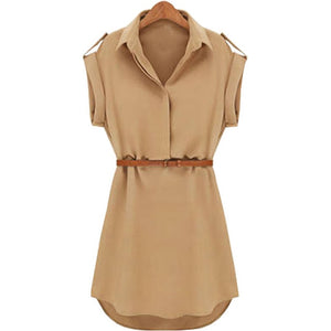 Ladies Short Sleeve Loose Dress With Belt - Khaki / L / United States Find Epic Store