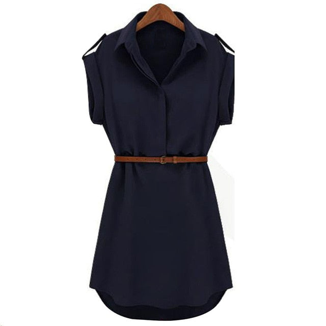 Ladies Short Sleeve Loose Dress With Belt - Navy Blue / XXL / United States Find Epic Store