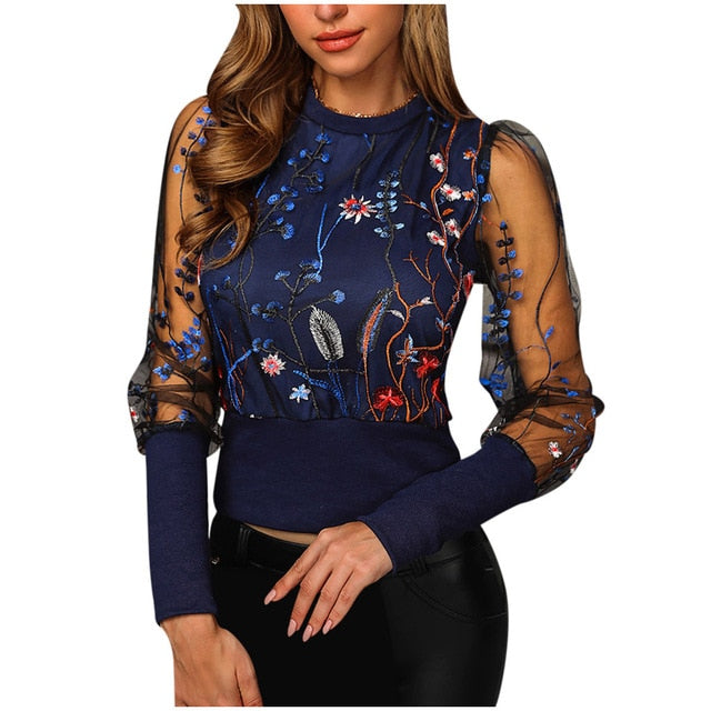 O-Neck Long Sleeve Floral Embroidery Top - Blue / S / United States Find Epic Store