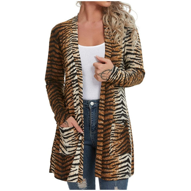 Casual Leopard Printed Cardigans Long Sleeve Cover Up With Pockets - Yellow / M / United States Find Epic Store