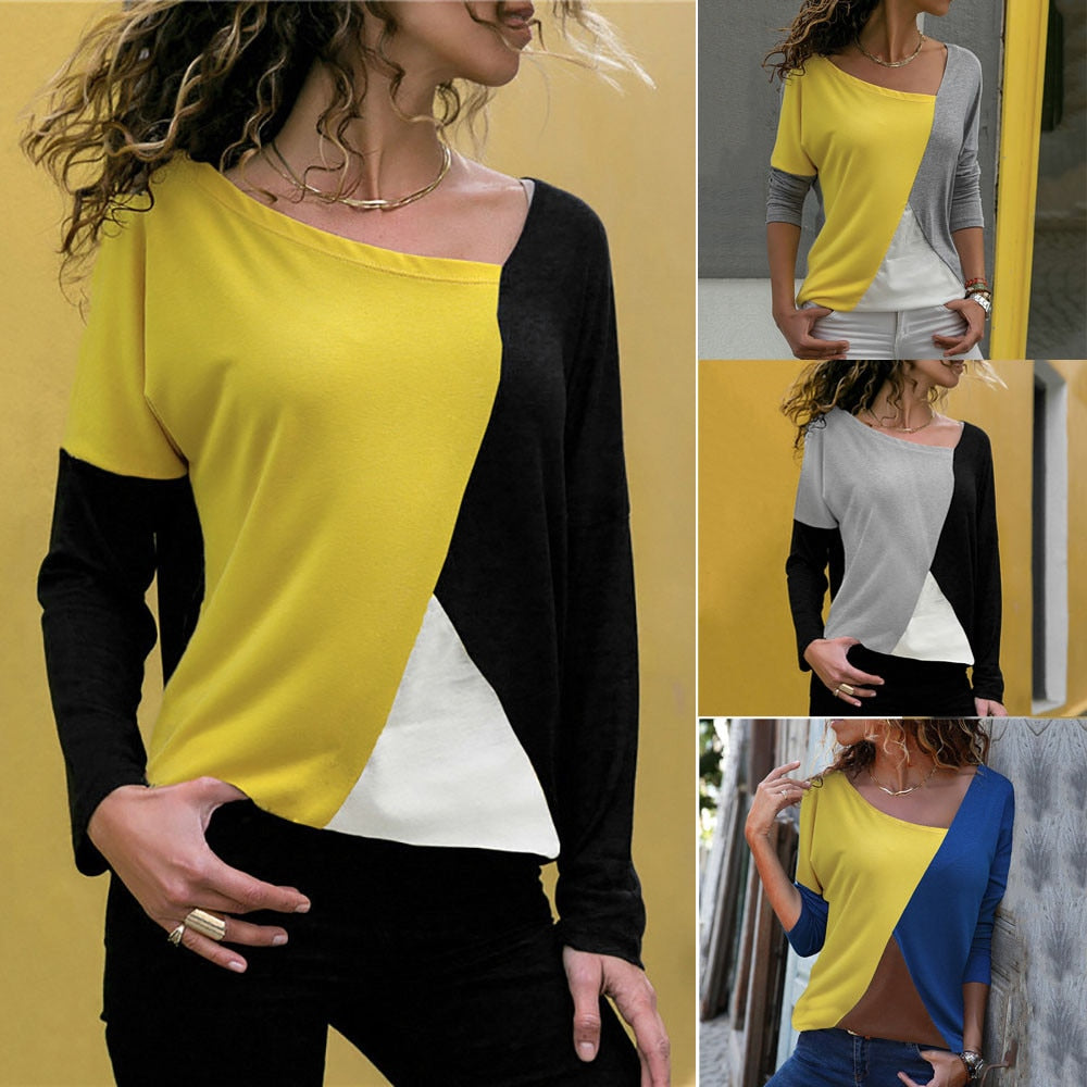 Top Patchwork Color Matching O-neck Long-sleeved T-shirt - Find Epic Store