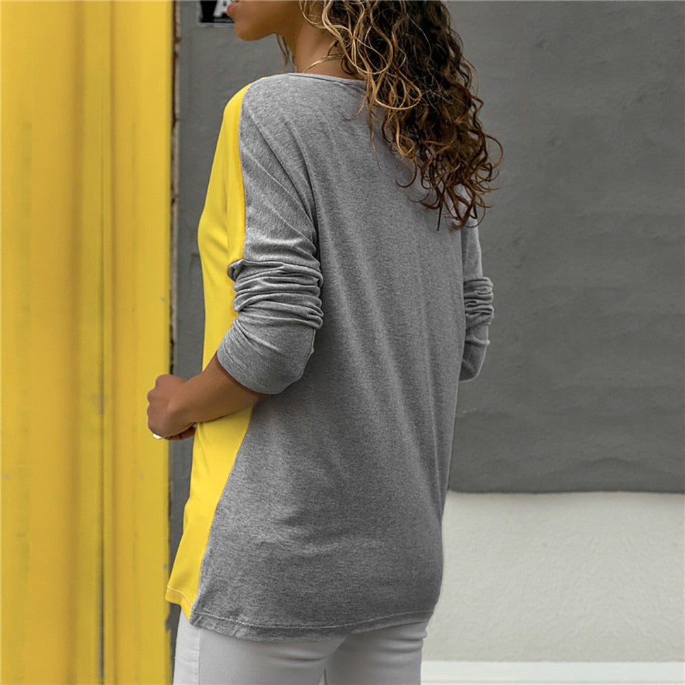 Top Patchwork Color Matching O-neck Long-sleeved T-shirt - Find Epic Store