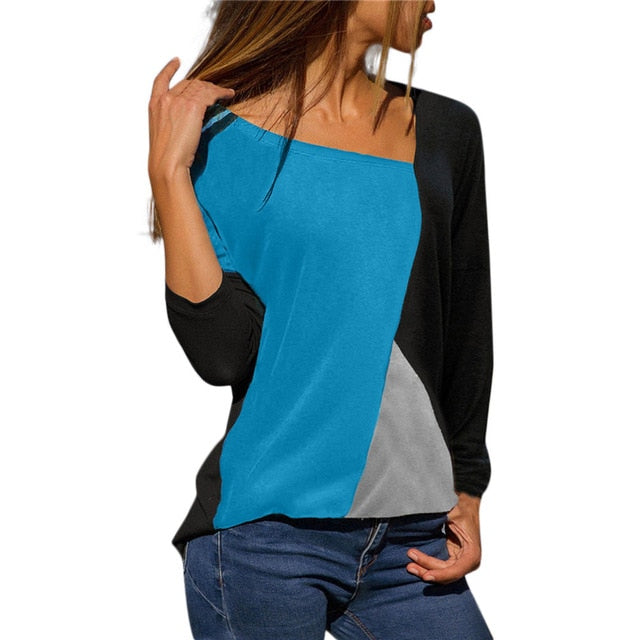Top Patchwork Color Matching O-neck Long-sleeved T-shirt - Sky Blue / S / United States Find Epic Store