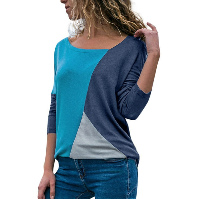Top Patchwork Color Matching O-neck Long-sleeved T-shirt - Find Epic Store