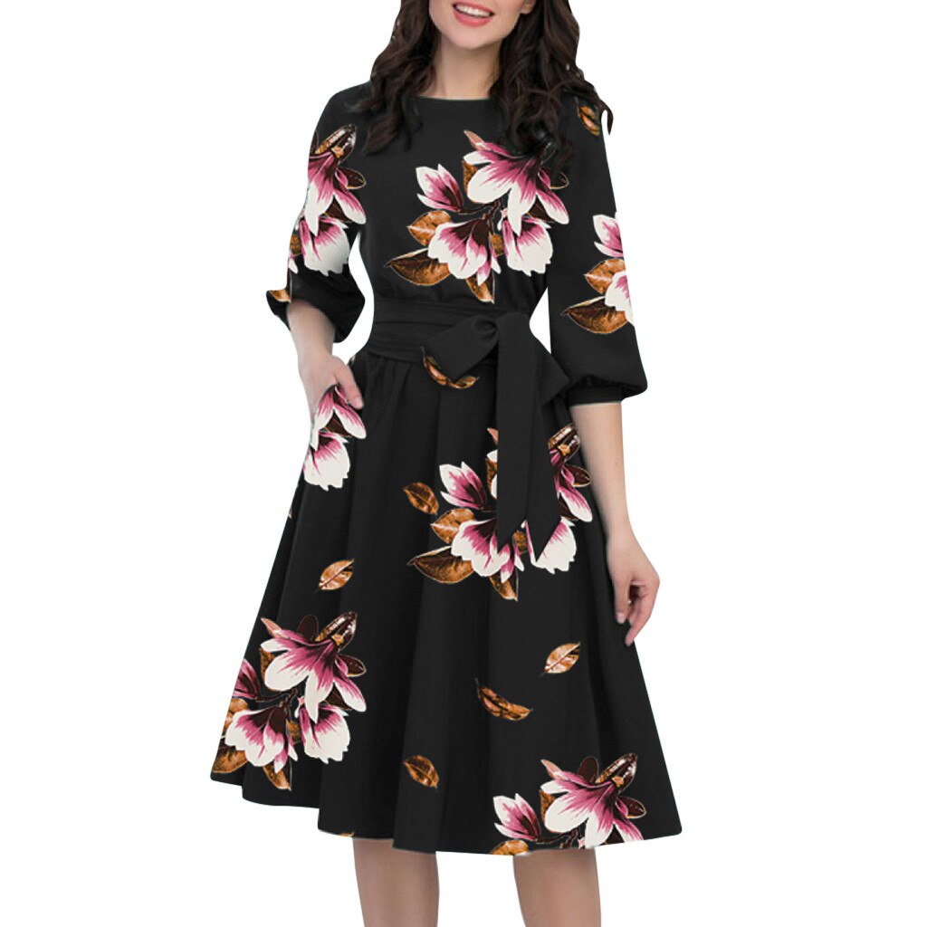 Women's Elegant O-neck Half Sleeve Belt Knee-length Dress Casual - Find Epic Store