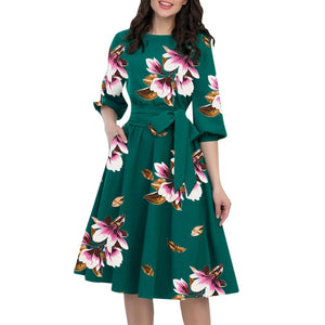 Women's Elegant O-neck Half Sleeve Belt Knee-length Dress Casual - Green / L / United States Find Epic Store