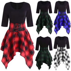 Fashionable Women's Casual O-neck Lace Tartan Mini Dress - Find Epic Store