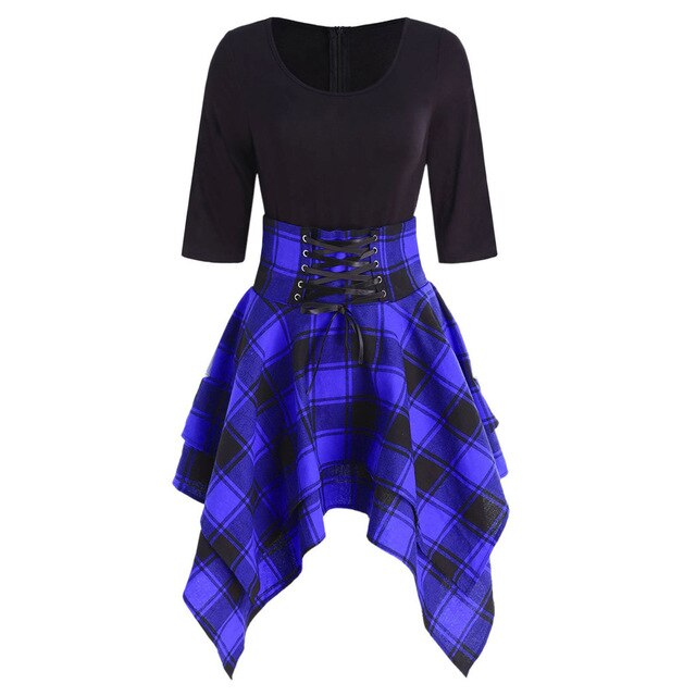 Fashionable Women's Casual O-neck Lace Tartan Mini Dress - Blue / XXL / United States Find Epic Store