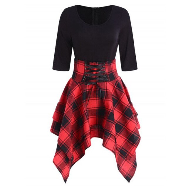 Fashionable Women's Casual O-neck Lace Tartan Mini Dress - Red / L / United States Find Epic Store