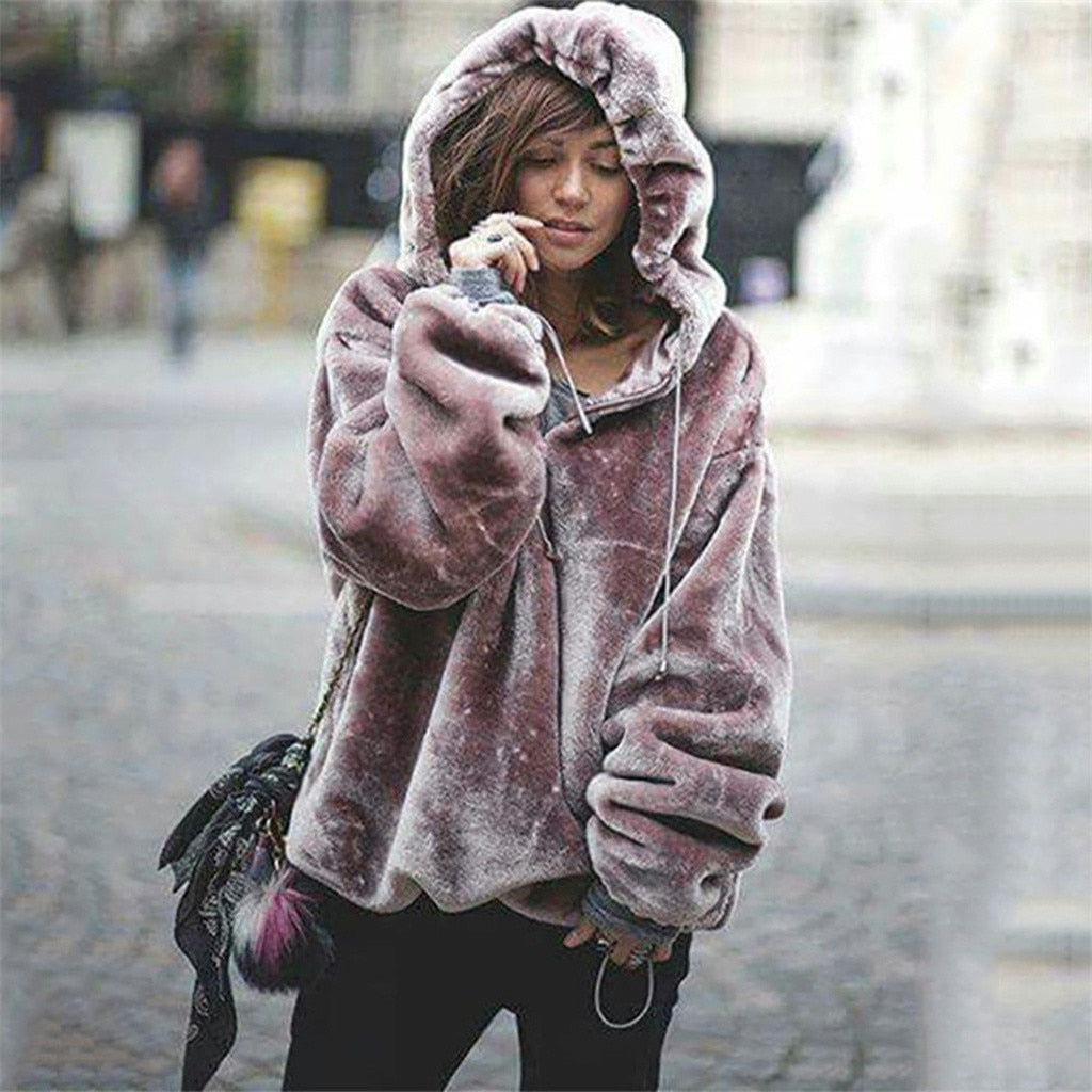 Womens Fluffy Long Sleeve Hooded Sweatshirt - Find Epic Store